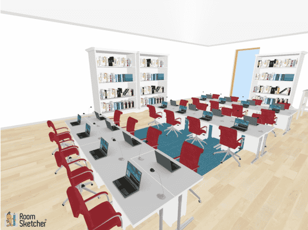 Three groups of desks are arranged in a line with a small walkway between each. Behaviors are broken apart by placing them with backs facing one another across the room.