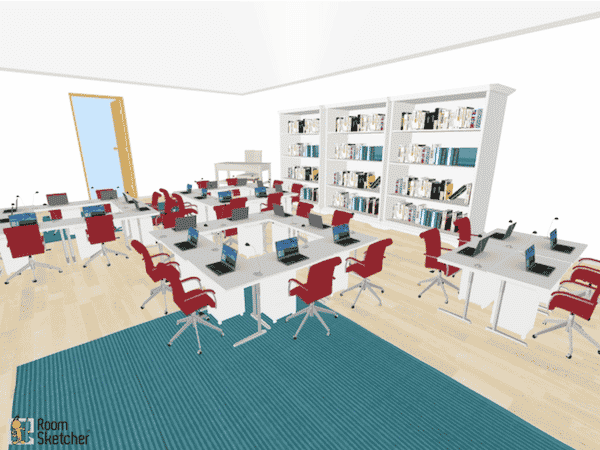 This classroom desk arrangement consists of three small groups that form an open box, along with one small group of four desks arranged in a box formation. This type of seating would be ideal for small group work.