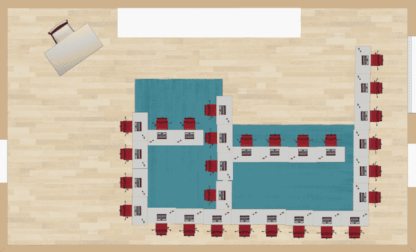 This is a nontraditional type of seating chart that has students facing multiple different directions. It would be best suited for a class that did some independent work, and had a lot of movement in the classroom.