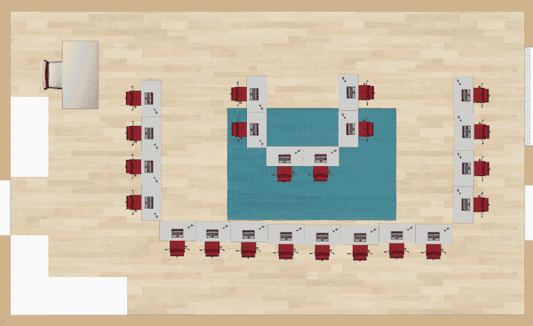The double U shape permits all students to see the front of the room during direct instruction.  It also leaves a feeling of all students being on “equal status” from being in a straight lineup.
