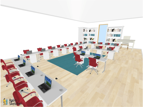 The double U shape permits all students to see the front of the room during direct instruction.  It also leaves a feeling of all students being on “equal status” from being in a straight lineup.