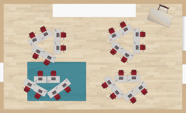Triangular groups of three is nice for group discussions and projects. This type of classroom desk arrangement would not be conducive to much lecturing as the students are all facing different directions and they may not get a full line of sight of the teacher.