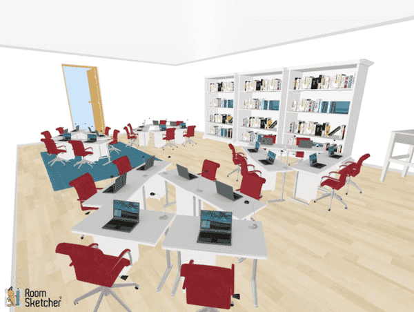 Triangular groups of three is nice for group discussions and projects. This type of classroom desk arrangement would not be conducive to much lecturing as the students are all facing different directions and they may not get a full line of sight of the teacher.