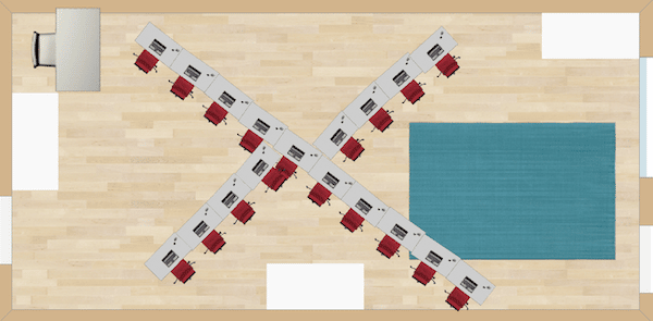 Straight lines that cross at a midpoint are the central theme of this seating arrangement. It would be wonderful for an example of intersecting and perpendicular lines during a geometry math vocabulary unit!